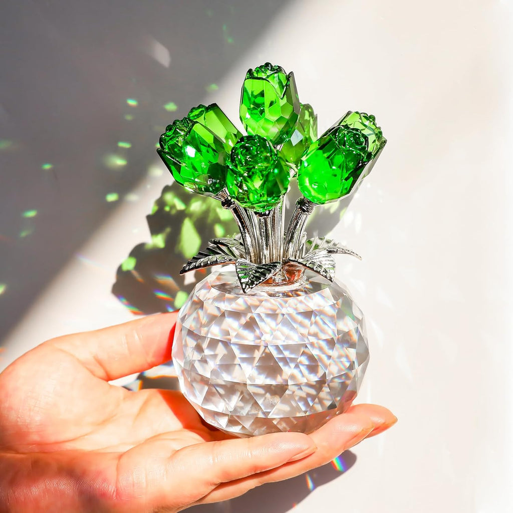 Handmade Glass Green Rose Flower Figurine with Round Vase