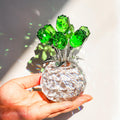 Handmade Glass Green Rose Flower Figurine with Round Vase