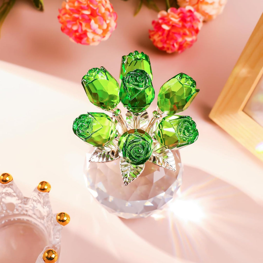Handmade Glass Green Rose Flower Figurine with Round Vase