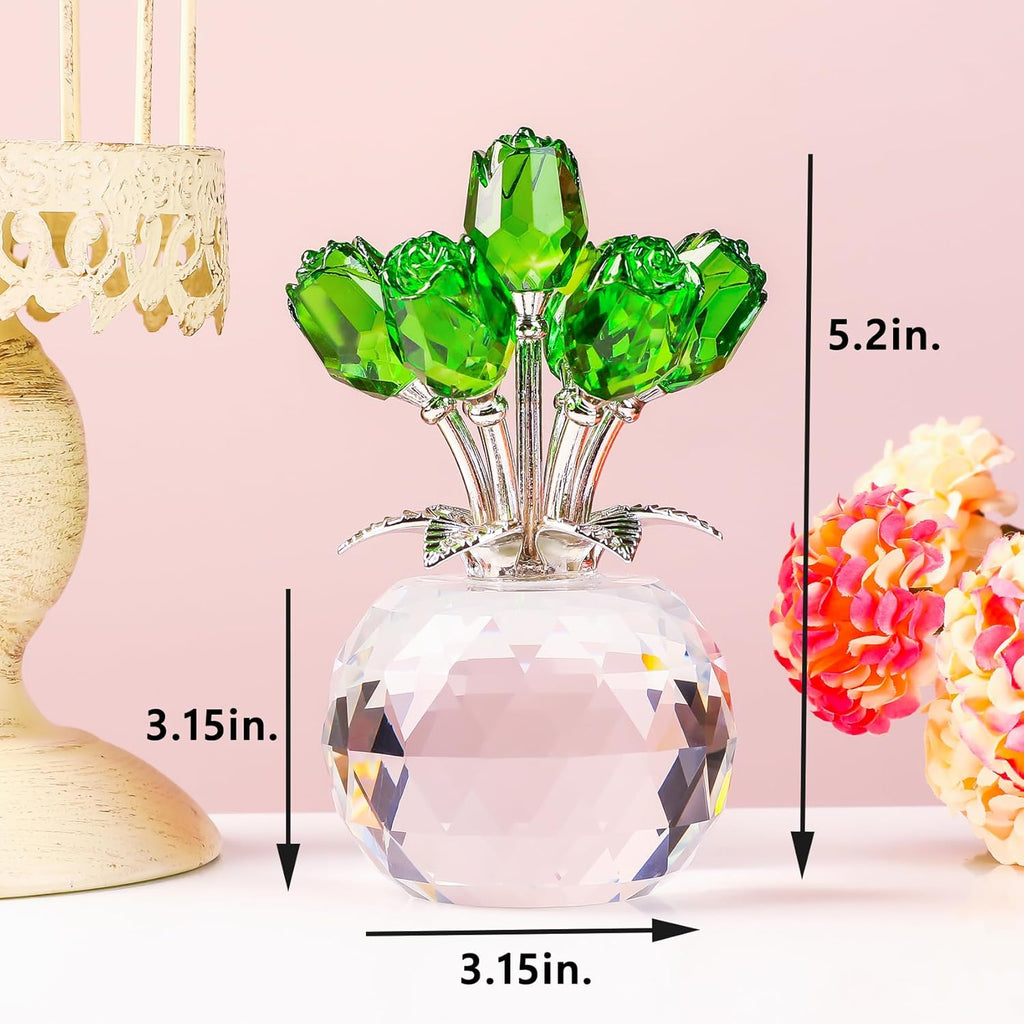 Handmade Glass Green Rose Flower Figurine with Round Vase