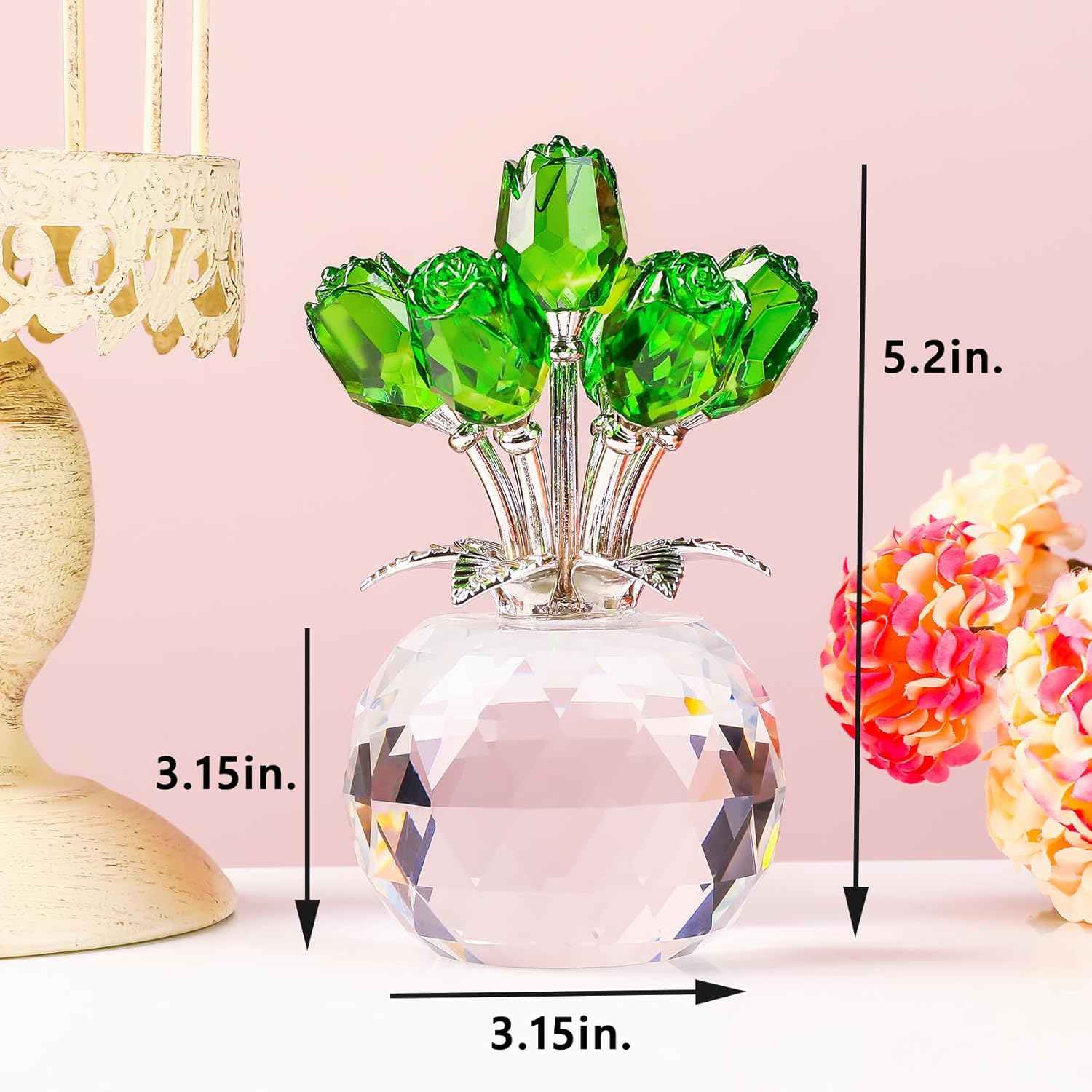 Handmade Glass Green Rose Flower Figurine with Round Vase