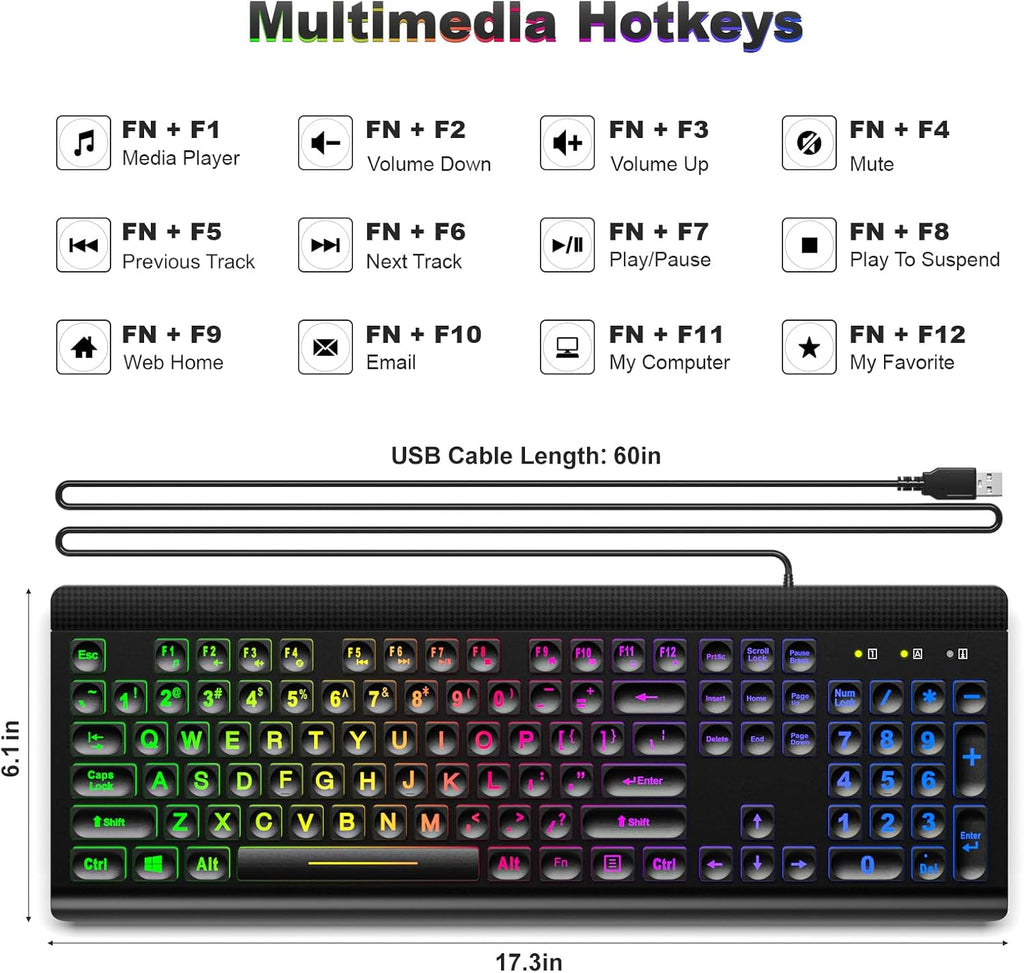 Large Print Backlit USB Wired Keyboard