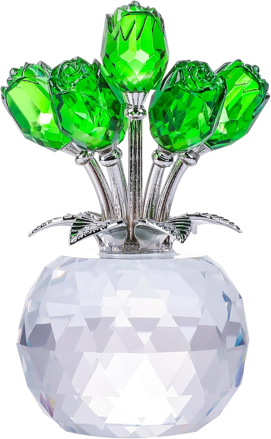 Handmade Glass Green Rose Flower Figurine with Round Vase